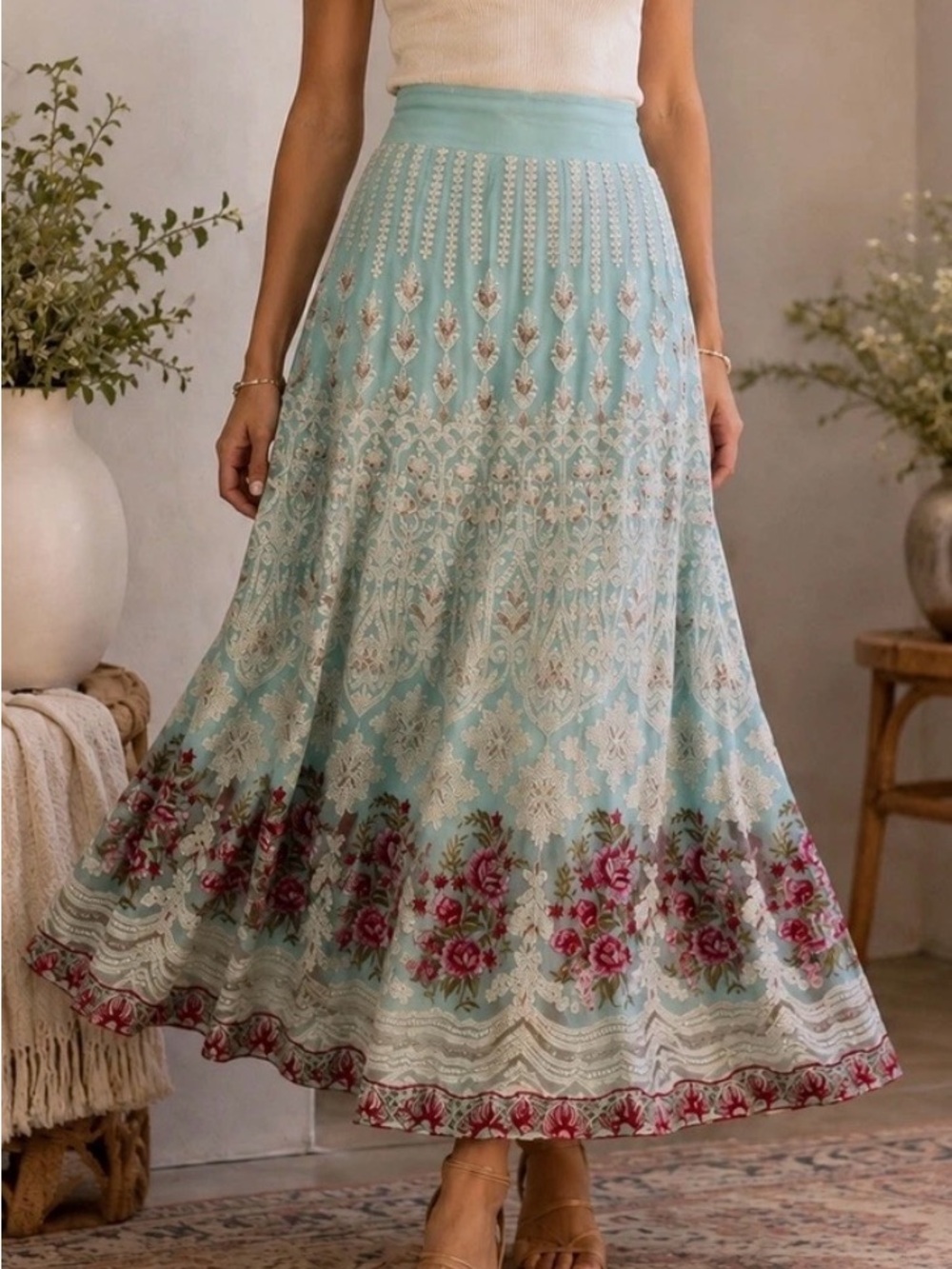 Soft Surroundings Aqua Maxi Skirt with Rose Border